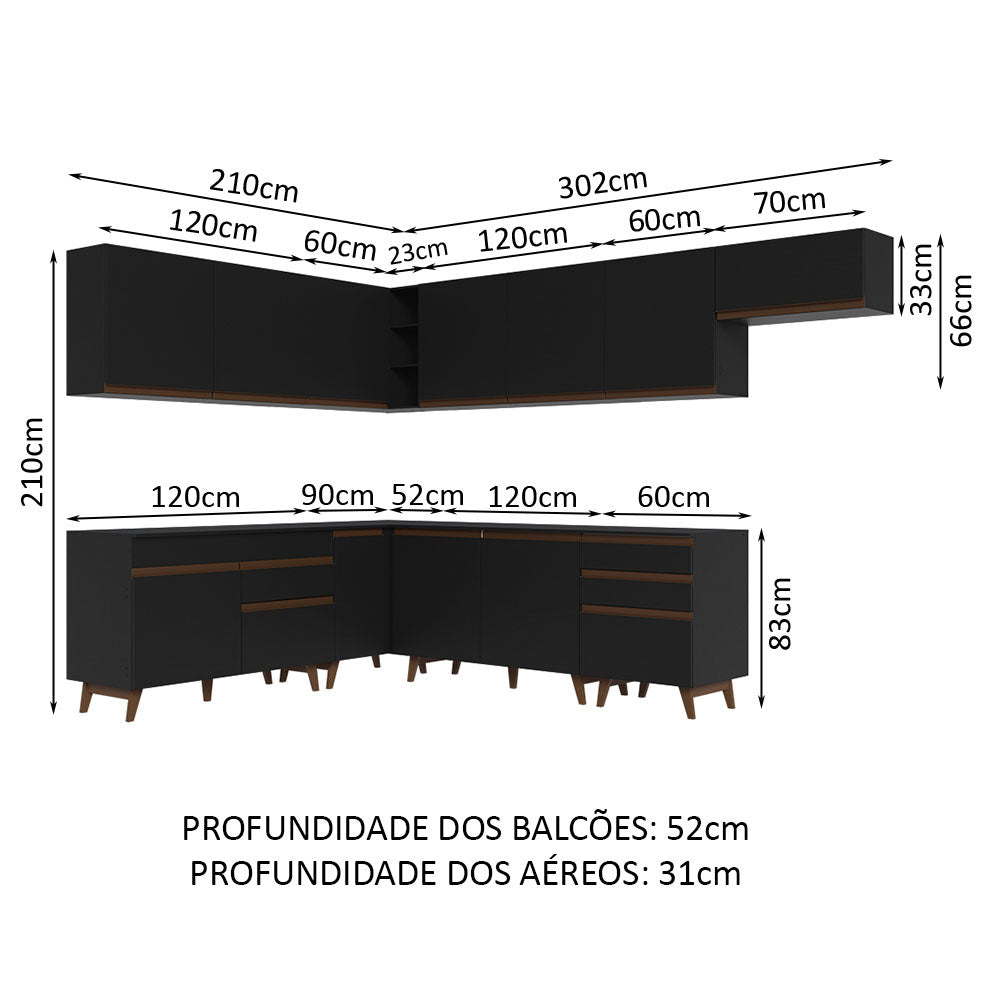 Armário de Cozinha Completa de Canto 512cm Preto Reims Madesa 01