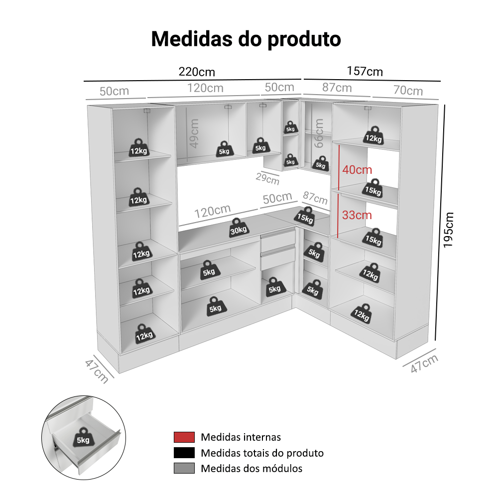 Armário de Cozinha Completa de Canto 100% MDF 377cm Smart Branco Brilhante Madesa 01