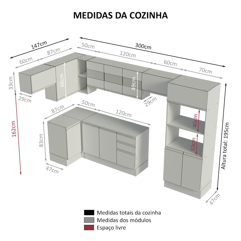 Armário de Cozinha Completa de Canto 100% MDF 447cm Branco Smart Madesa 01