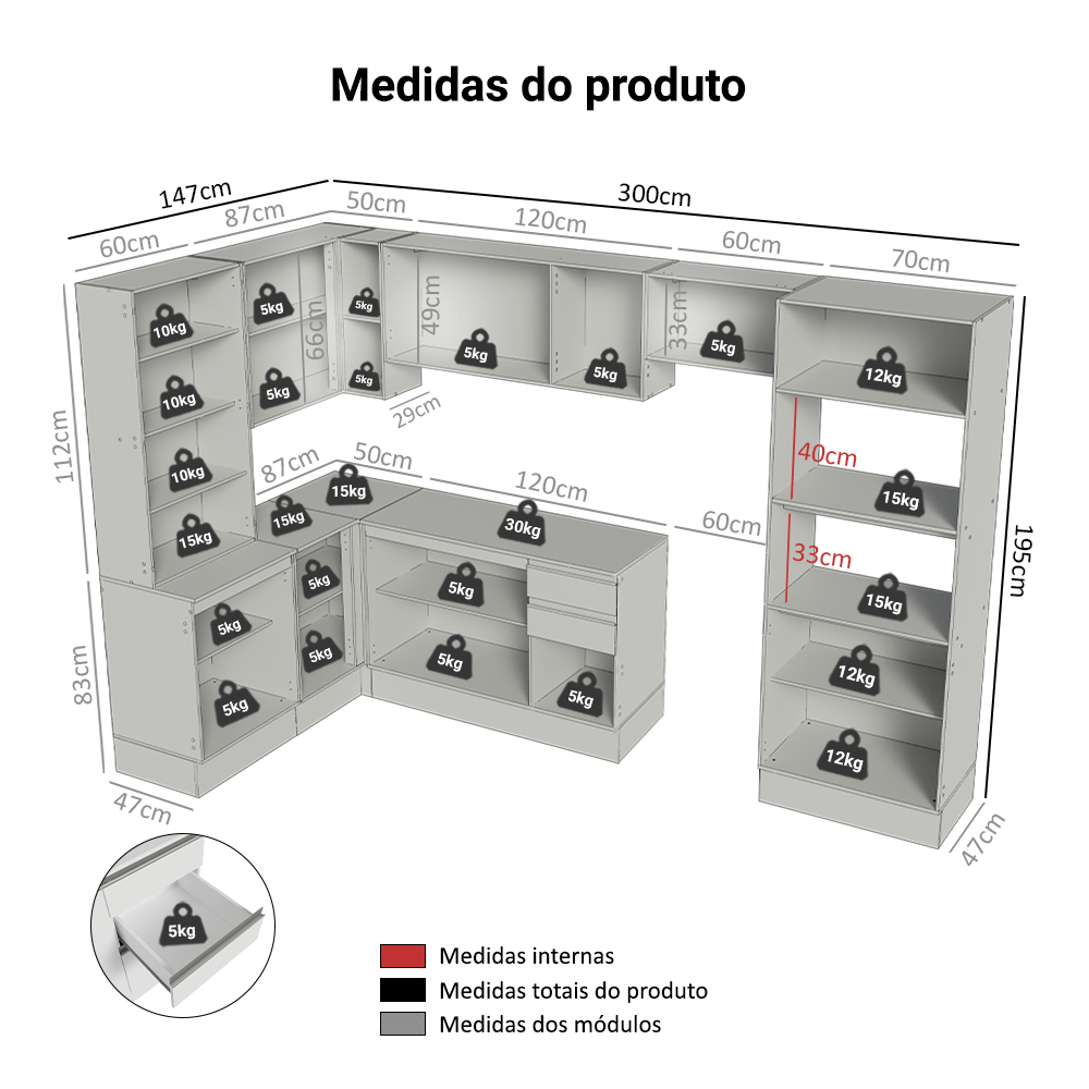 Armário de Cozinha Completa de Canto 100% MDF 447 cm Branco Smart Madesa 03