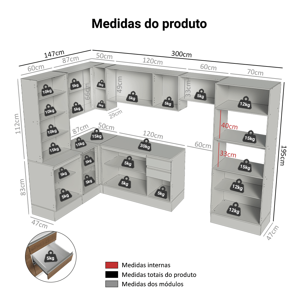Armário de Cozinha Completa de Canto 100% MDF 447 cm Branco/Rustic/Crema Smart Madesa 03