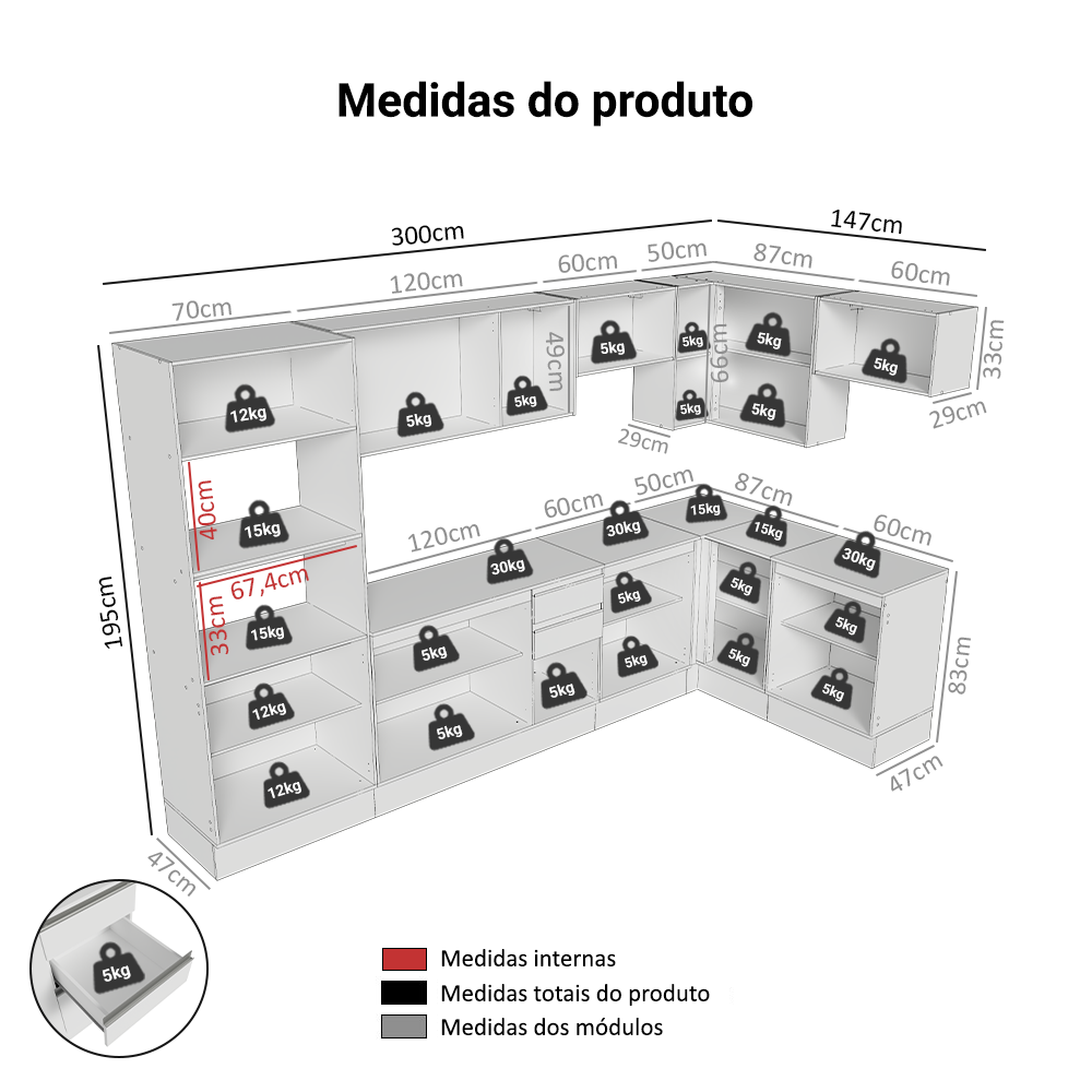Armário de Cozinha Completa de Canto 100% MDF 448cm Branco Smart Madesa 01