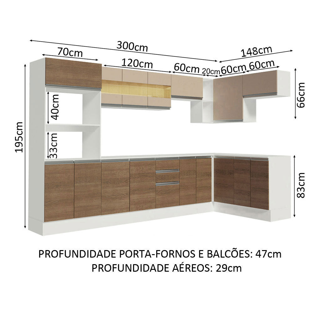 Armário de Cozinha Completa de Canto 100% MDF 448cm Branco/Rustic/Crema Smart Madesa 01
