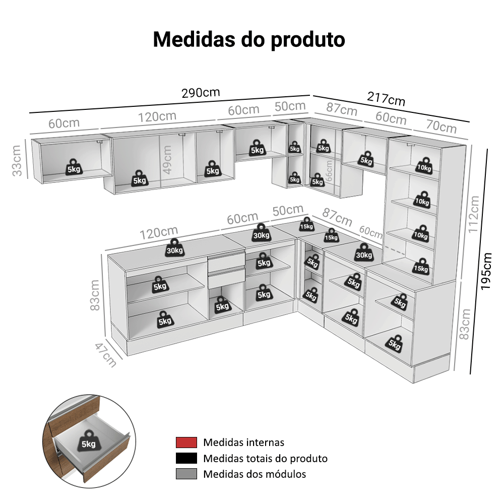 Armário de Cozinha Completa de Canto 507 cm Branco/Rustic/Crema Smart 100% MDF Madesa 01