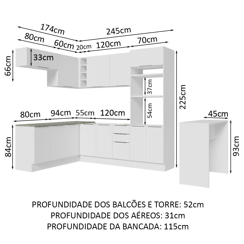 Armário de Cozinha Completa de Canto 489cm Branco Stella Madesa
