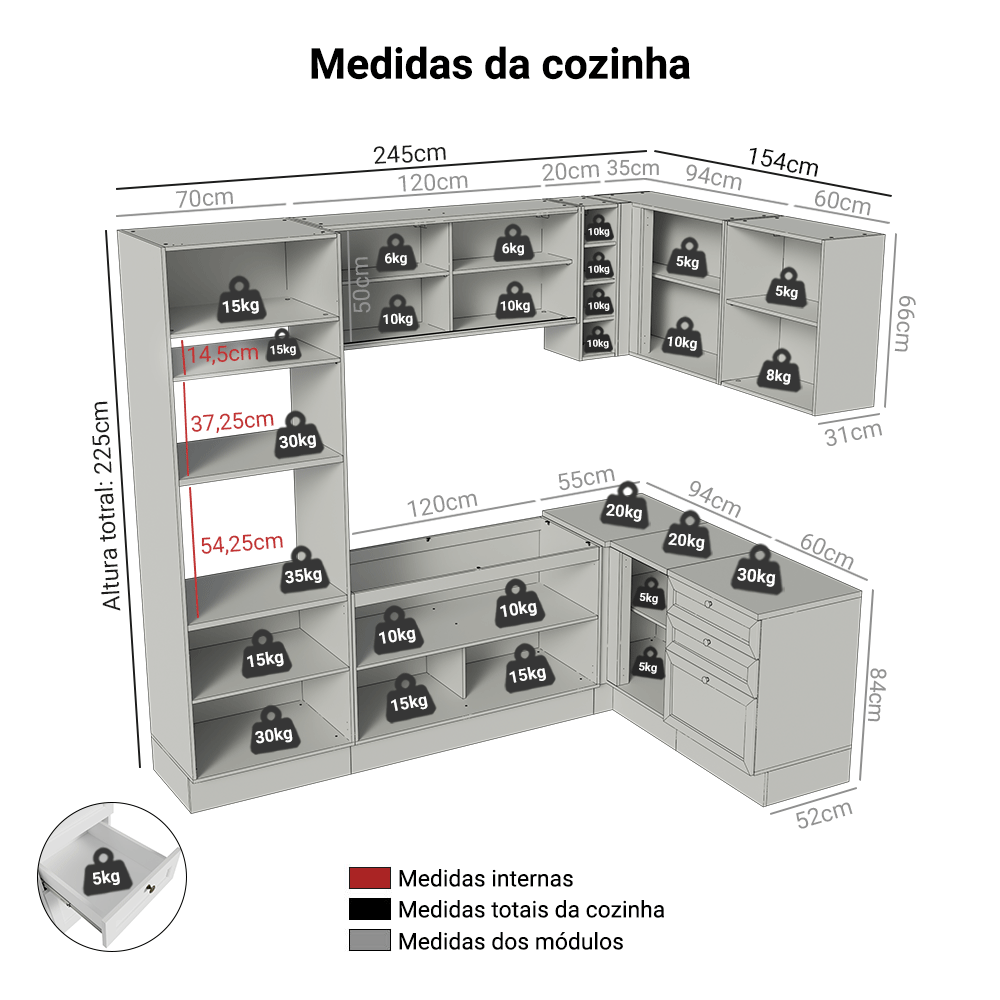 Armário de Cozinha Completa de Canto 399 cm Branco Vik Madesa 01