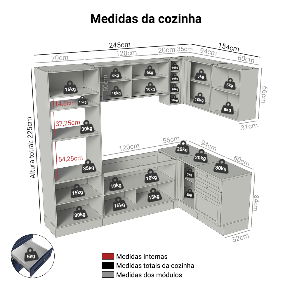 Armário de Cozinha Completa de Canto 399 cm Branco/Azul Vik Madesa 01
