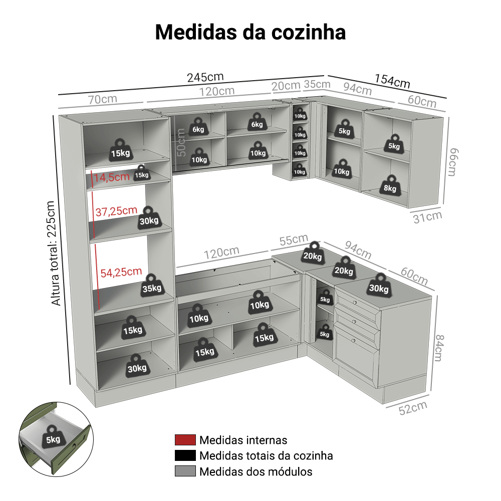 Armário de Cozinha Completa de Canto 399 cm Branco/Verde Vik Madesa 02