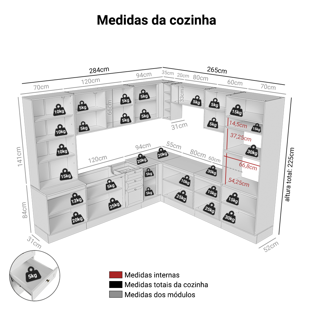 Armário de Cozinha Completa de Canto 549 cm Branco Vik Madesa 01