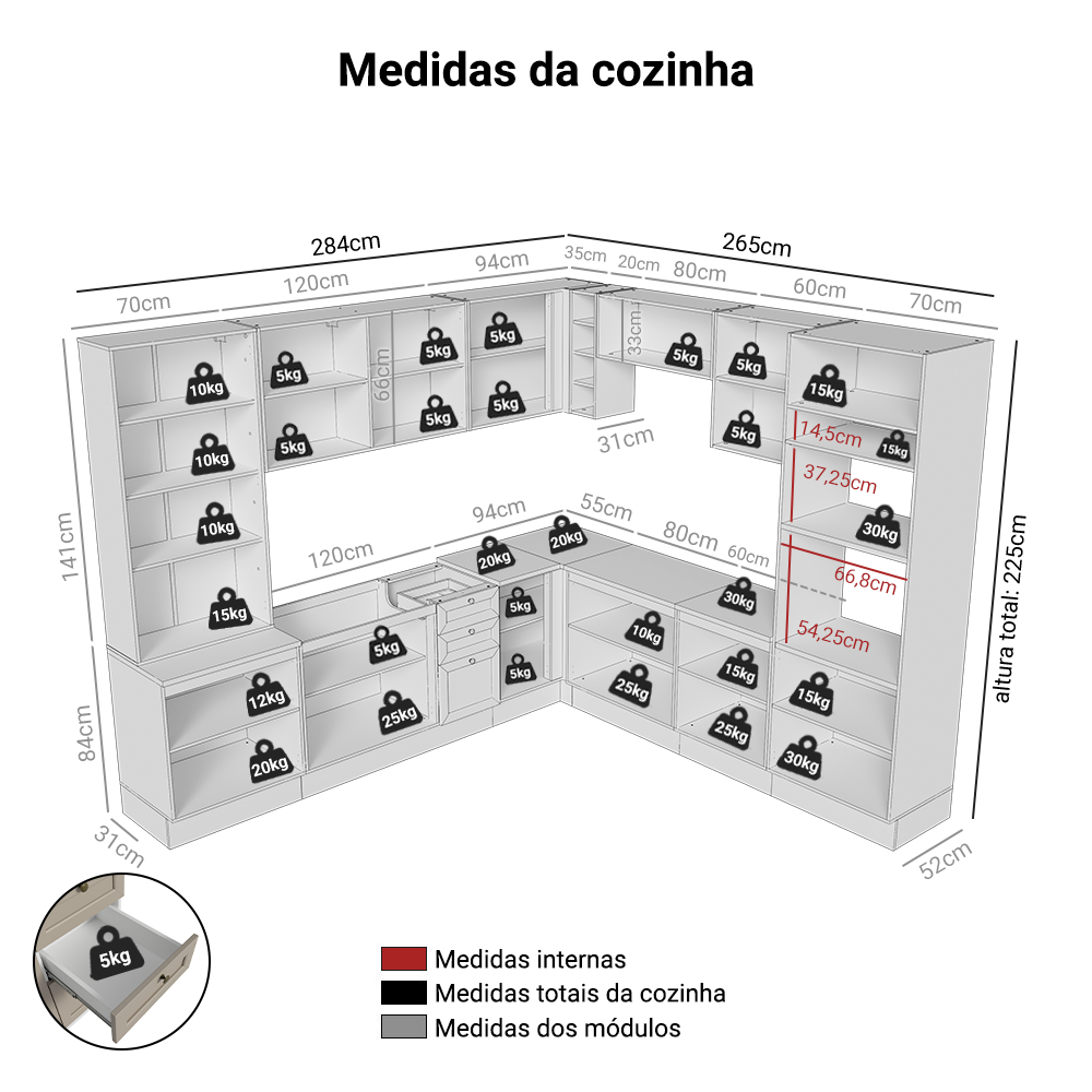 Armário de Cozinha Completa de Canto 549 cm Branco/Crema Vik Madesa 01
