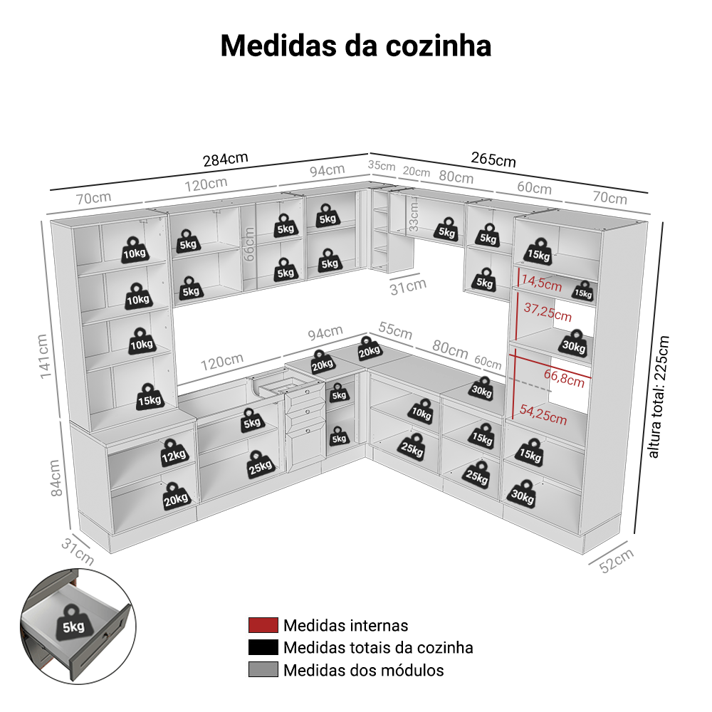 Armário de Cozinha Completa de Canto 549 cm Rustic/Cinza Vik Madesa 01