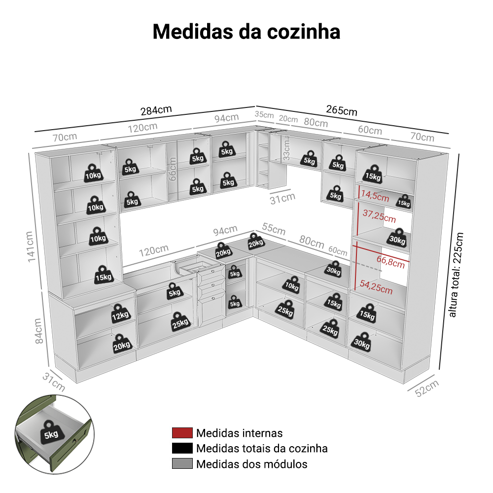 Armário de Cozinha Completa de Canto 549 cm Branco/Verde Vik Madesa 01