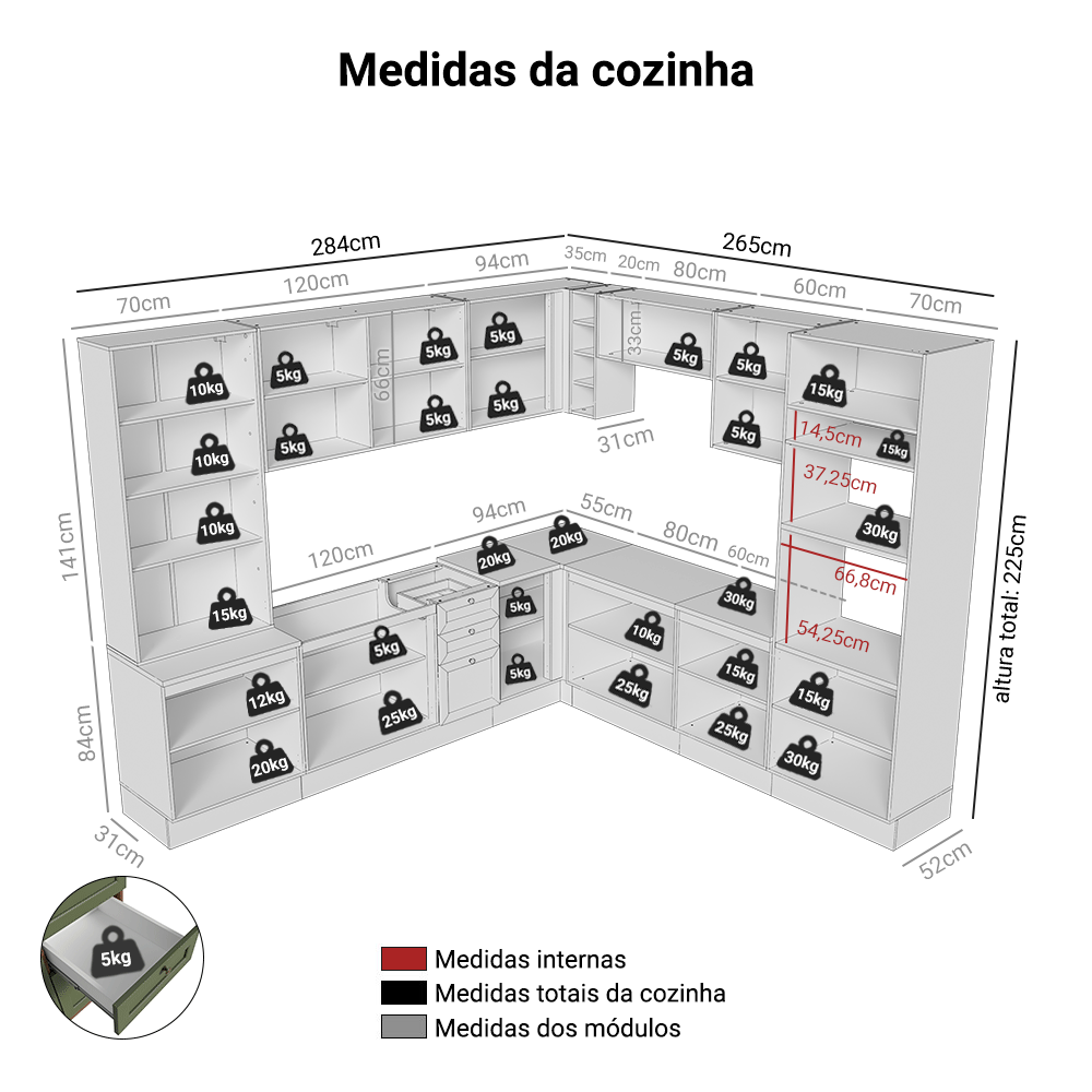 Armário de Cozinha Completa de Canto 549 cm Rustic/Verde Vik Madesa 01