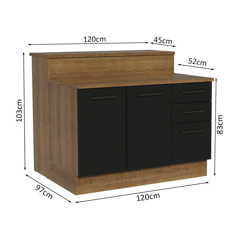 Ilha de Cozinha com Bancada e Balcão 120 cm Rustic/Preto Agata Madesa