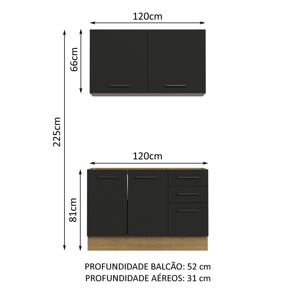 Armário de Cozinha Compacta 120cm Rustic/Preto Agata Madesa 01