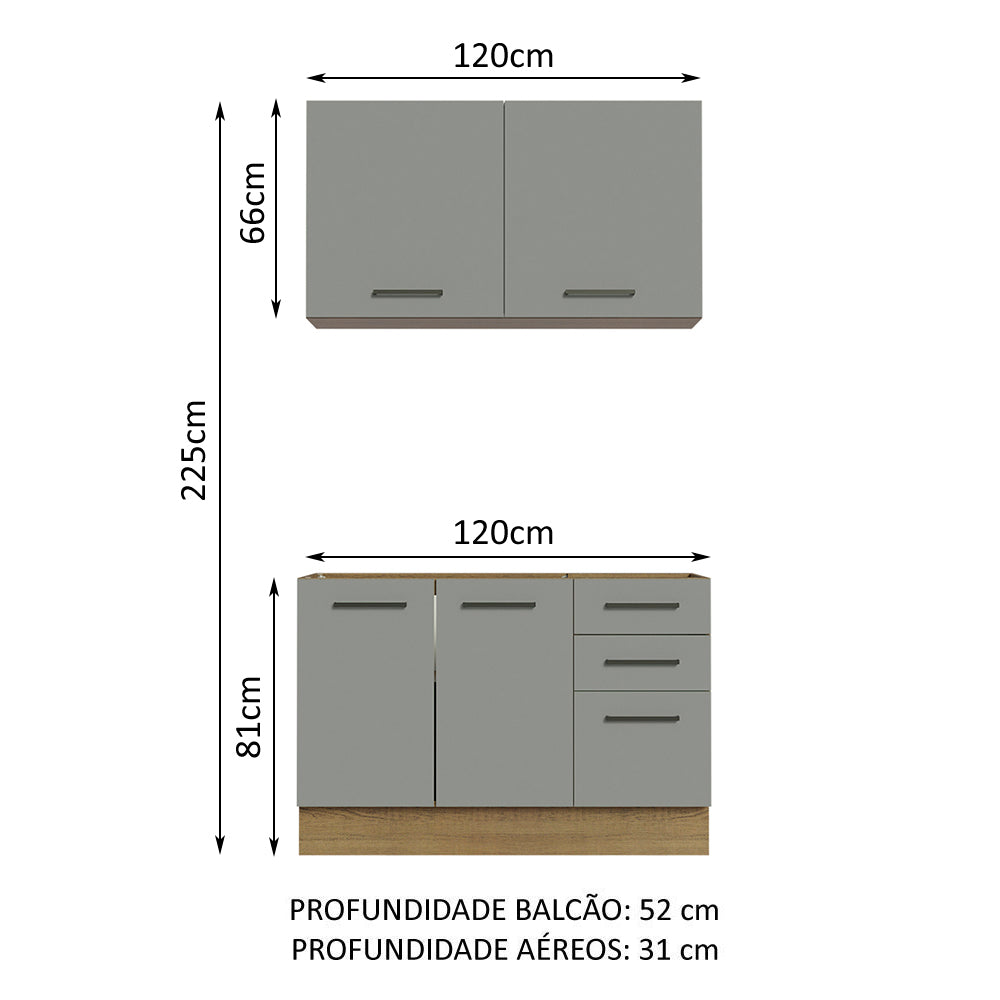 Armário de Cozinha Compacta 120cm Rustic/Cinza Agata Madesa 01