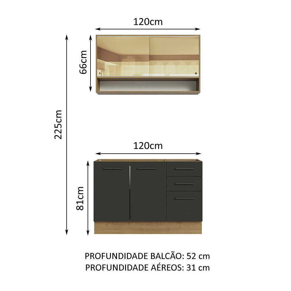 Armário de Cozinha Compacta 120cm Rustic/Preto Agata Madesa 02
