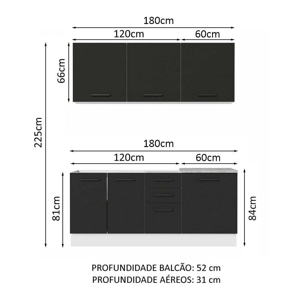 Armário de Cozinha Compacta 180cm Branco Preto Agata Madesa 01