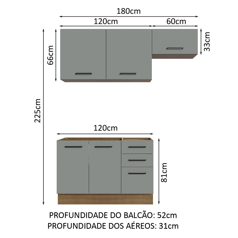 Armário de  Cozinha Compacta 180cm Rustic/Cinza Agata Madesa 09