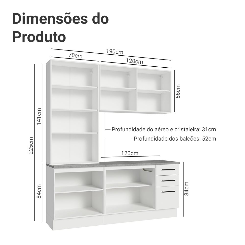 Armário de Cozinha Compacta 190cm com Cristaleira Branco Agata Madesa 01