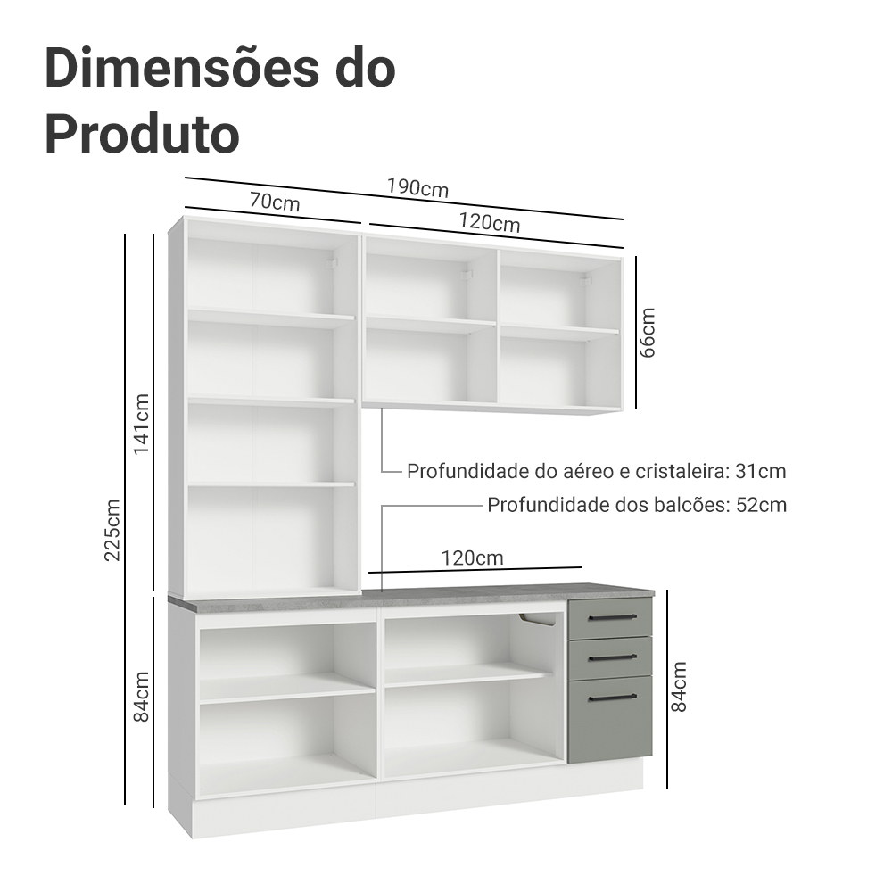 Armário de Cozinha Compacta 190cm com Cristaleira Branco/Cinza Agata Madesa 01