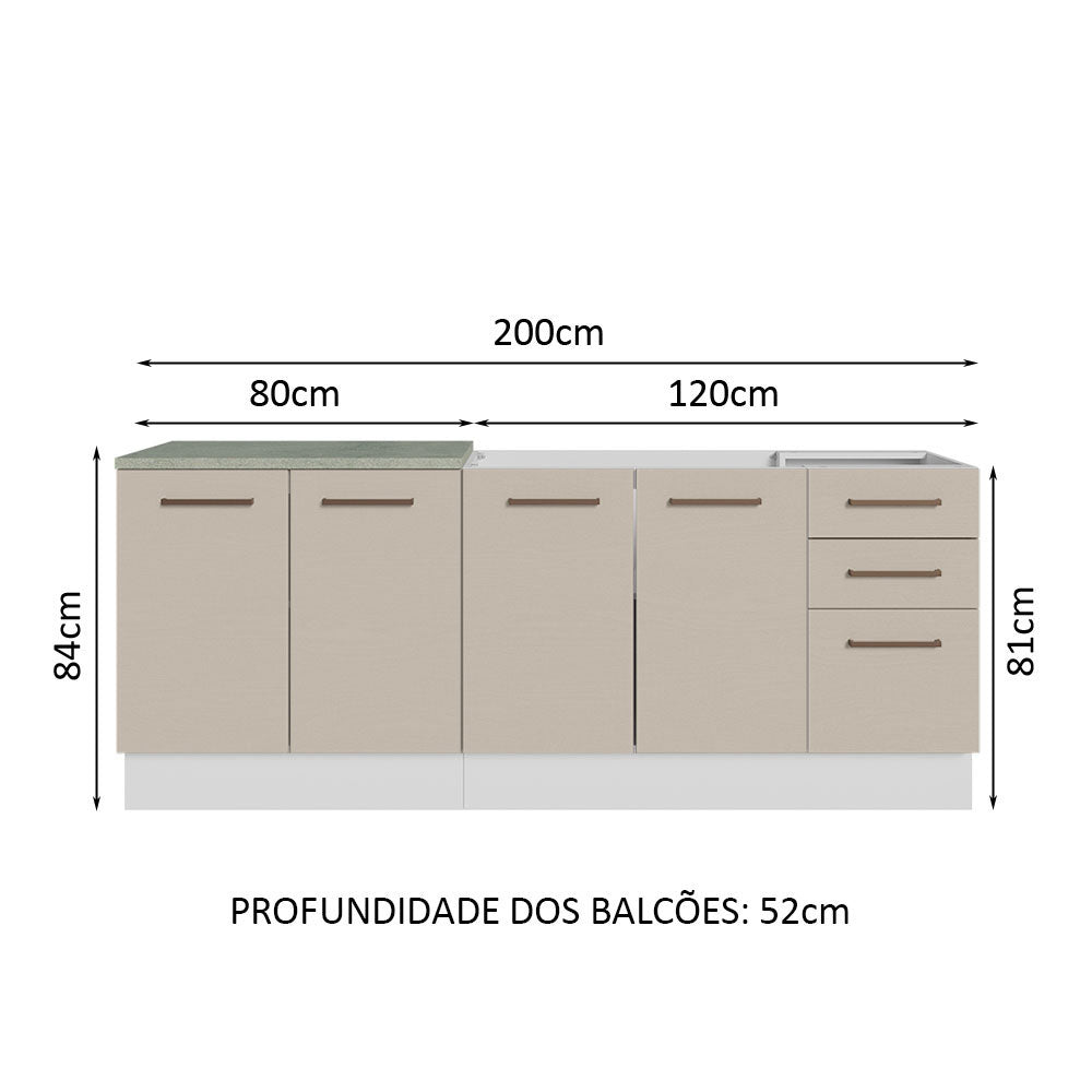 Kit com 2 Balcões de Cozinha 3 Gavetas 4 Portas (Sem Tampo e Pia) Branco/Crema Agata Madesa