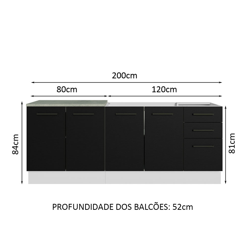 Kit com 2 Balcões de Cozinha Madesa Agata 3 Gavetas 4 Portas (Sem Tampo e Pia) Branco/Preto