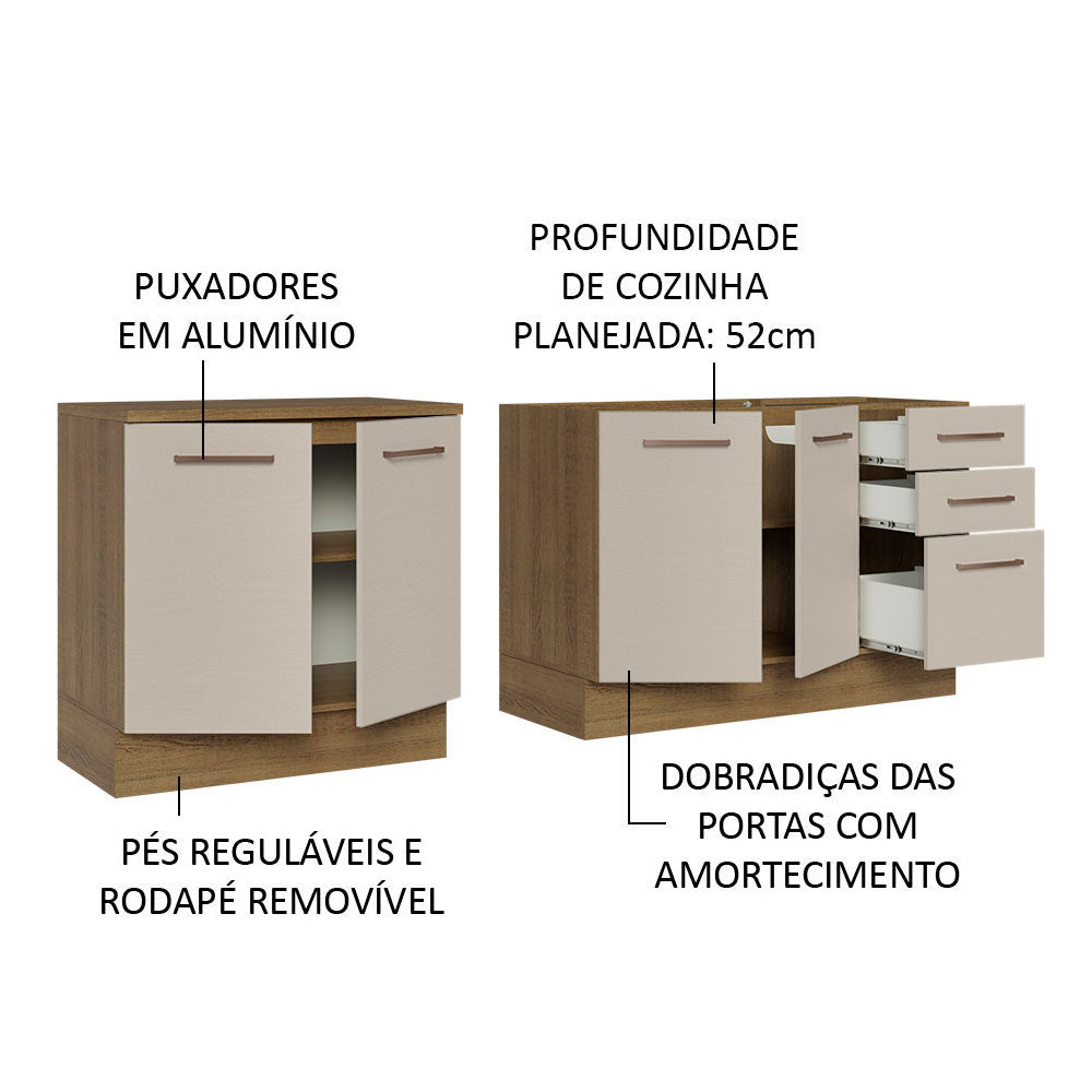 Kit com 2 Balcões de Cozinha 3 Gavetas 4 Portas (Sem Tampo e Pia) Rustic/Crema Agata Madesa