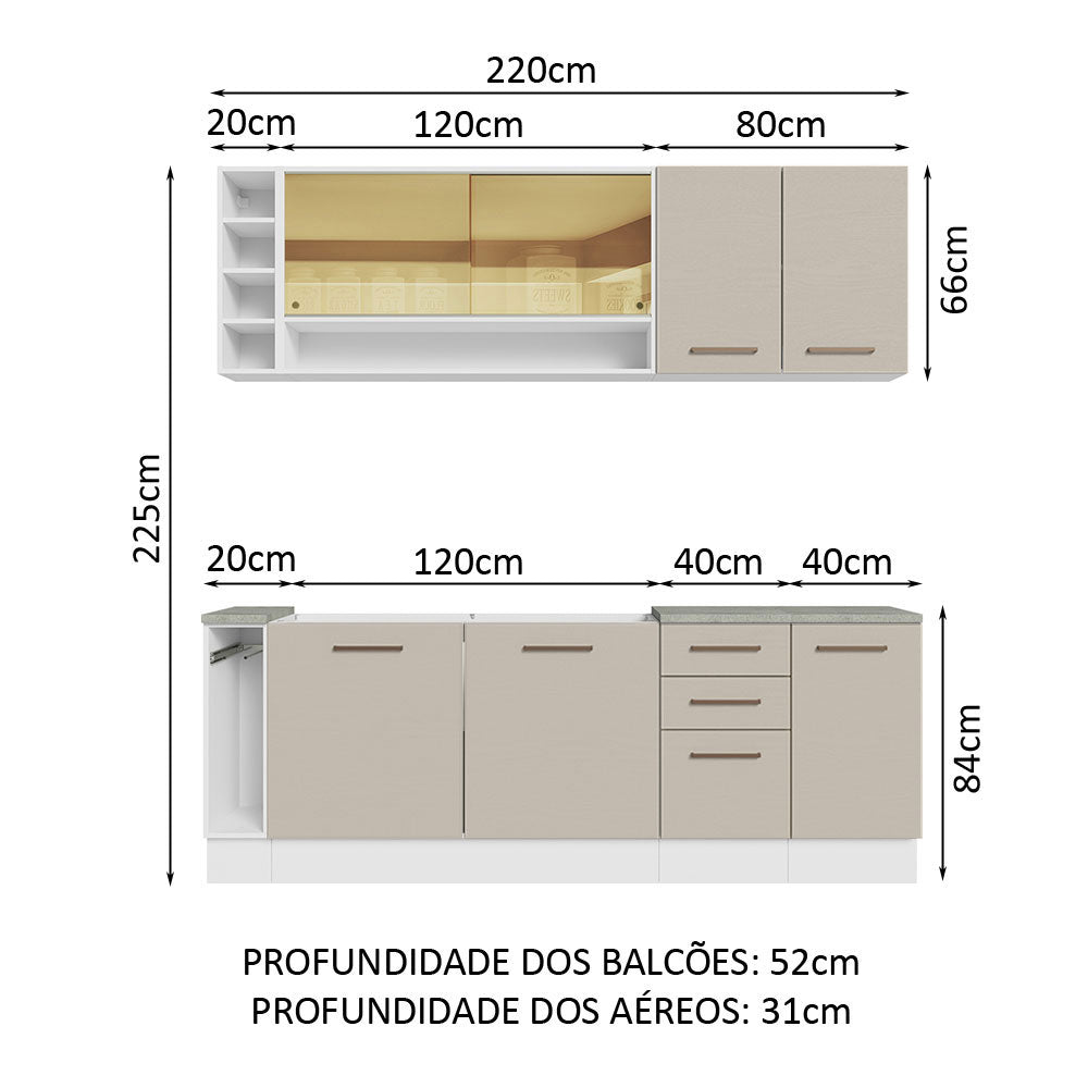 Armário de Cozinha Completa 220cm Branco/Crema Agata da Thêmis Madesa