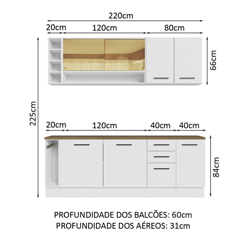 Armário de Cozinha Completa 220cm Branco/Rustic 60cm de Profundidade Agata Madesa 02