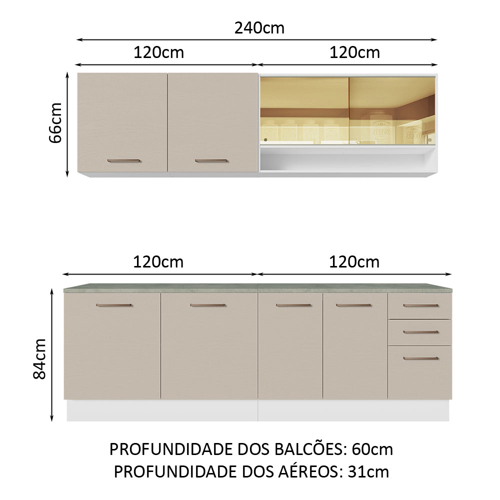 Armário de Cozinha Completa 240cm Branco/Crema 60cm de Profundidade Agata Madesa 01