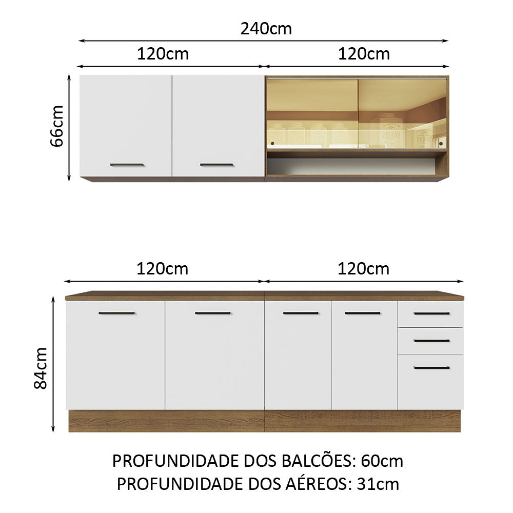Armário de Cozinha Completa 240cm Rustic/Branco 60cm de Profundidade Agata Madesa 01