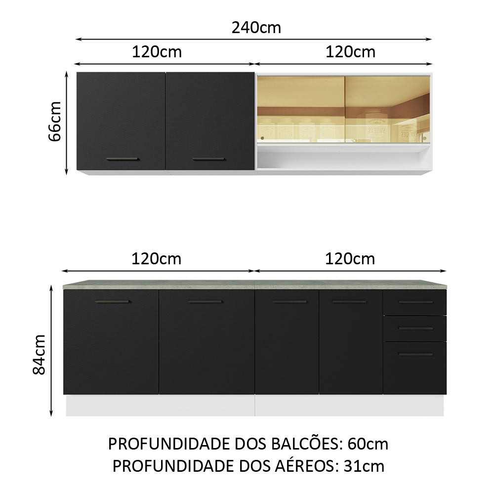 Armário de Cozinha Completa 240cm Branco/Preto 60cm de Profundidade Agata Madesa 01