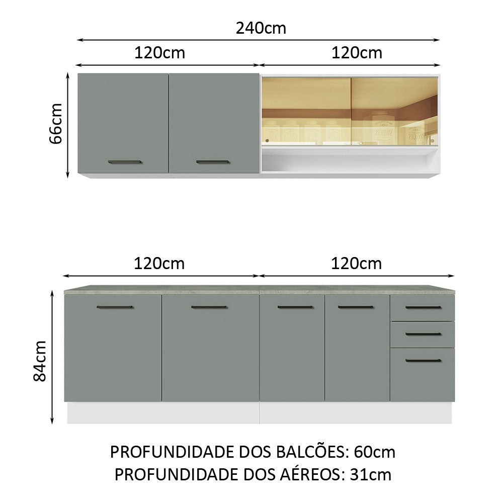 Armário de Cozinha Completa 240cm Branco/Cinza 60cm de Profundidade Agata Madesa 01