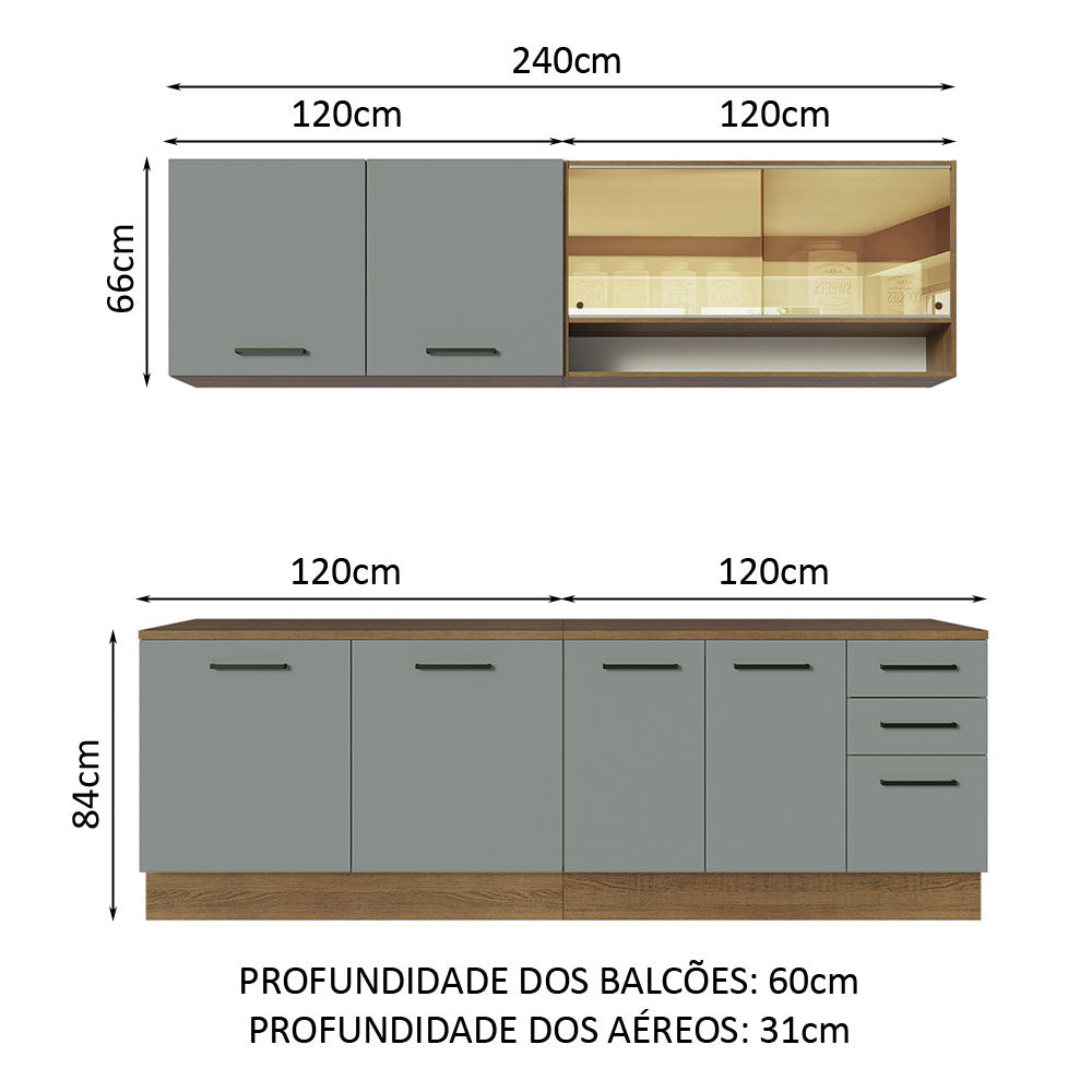 Armário de Cozinha Completa 240cm Rustic/Cinza 60cm de Profundidade Agata Madesa 01