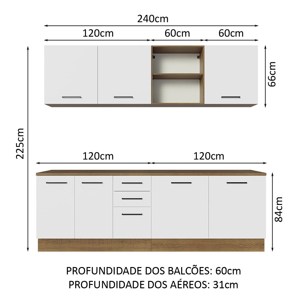 Armário de Cozinha Completa 240cm Rustic/Branco 60cm de Profundidade Agata Madesa 02