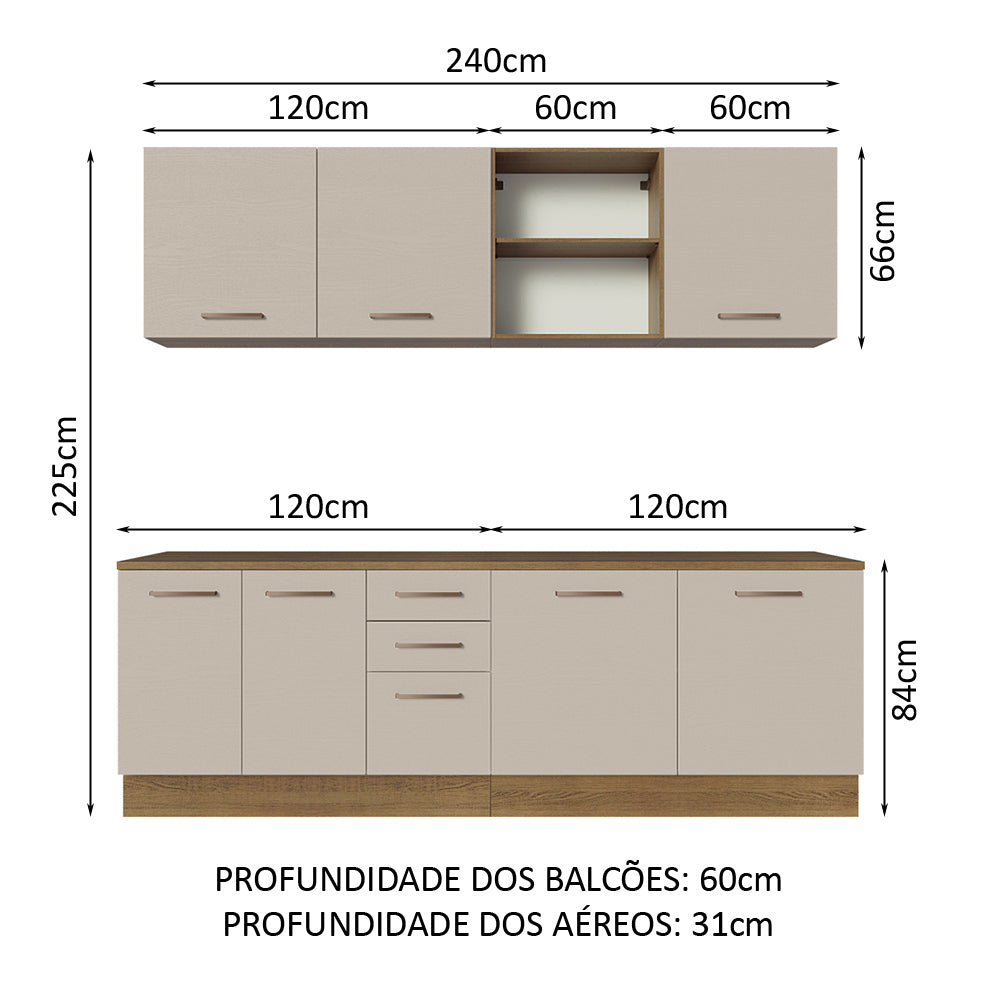 Armário de Cozinha Completa 240cm Rustic/Crema 60cm de Profundidade Agata Madesa 02