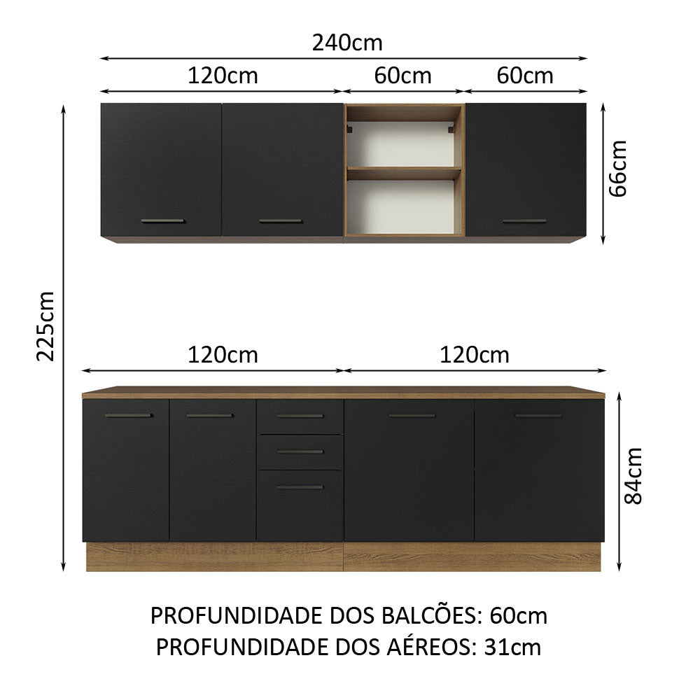 Armário de Cozinha Completa 240cm Rustic/Preto 60cm de Profundidade Agata Madesa 02
