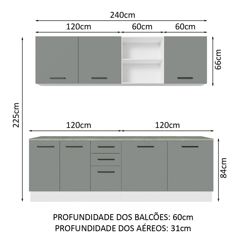 Armário de Cozinha Completa 240cm Branco/Cinza 60cm de Profundidade Agata Madesa 02