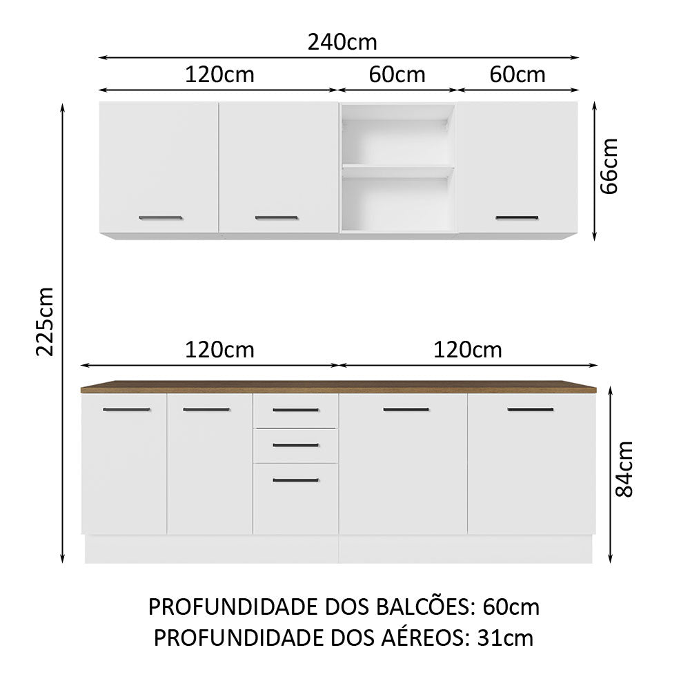 Armário de Cozinha Completa 240cm Branco/Rustic 60cm de Profundidade Agata Madesa 02