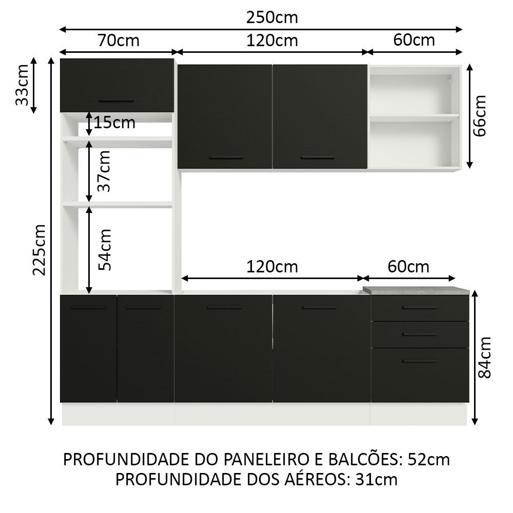 Armário de Cozinha Completa 250cm Branco/Preto Agata Madesa 01