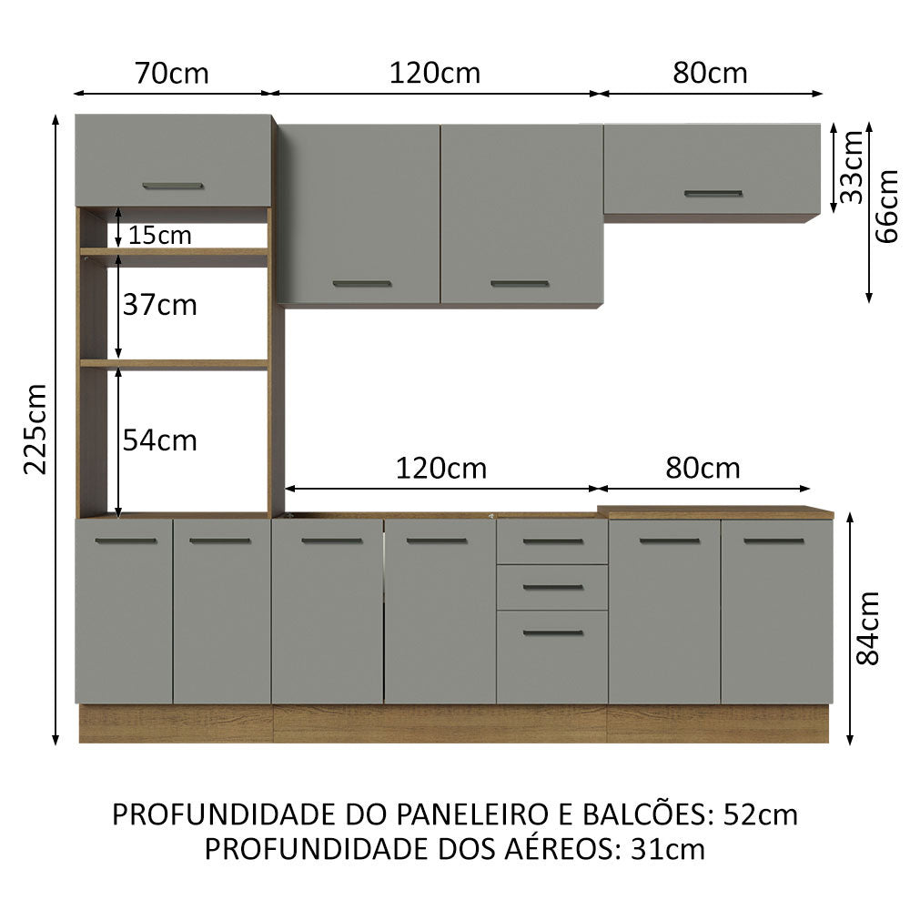 Armário de Cozinha Completa 270cm Rustic/Cinza Agata Madesa 01