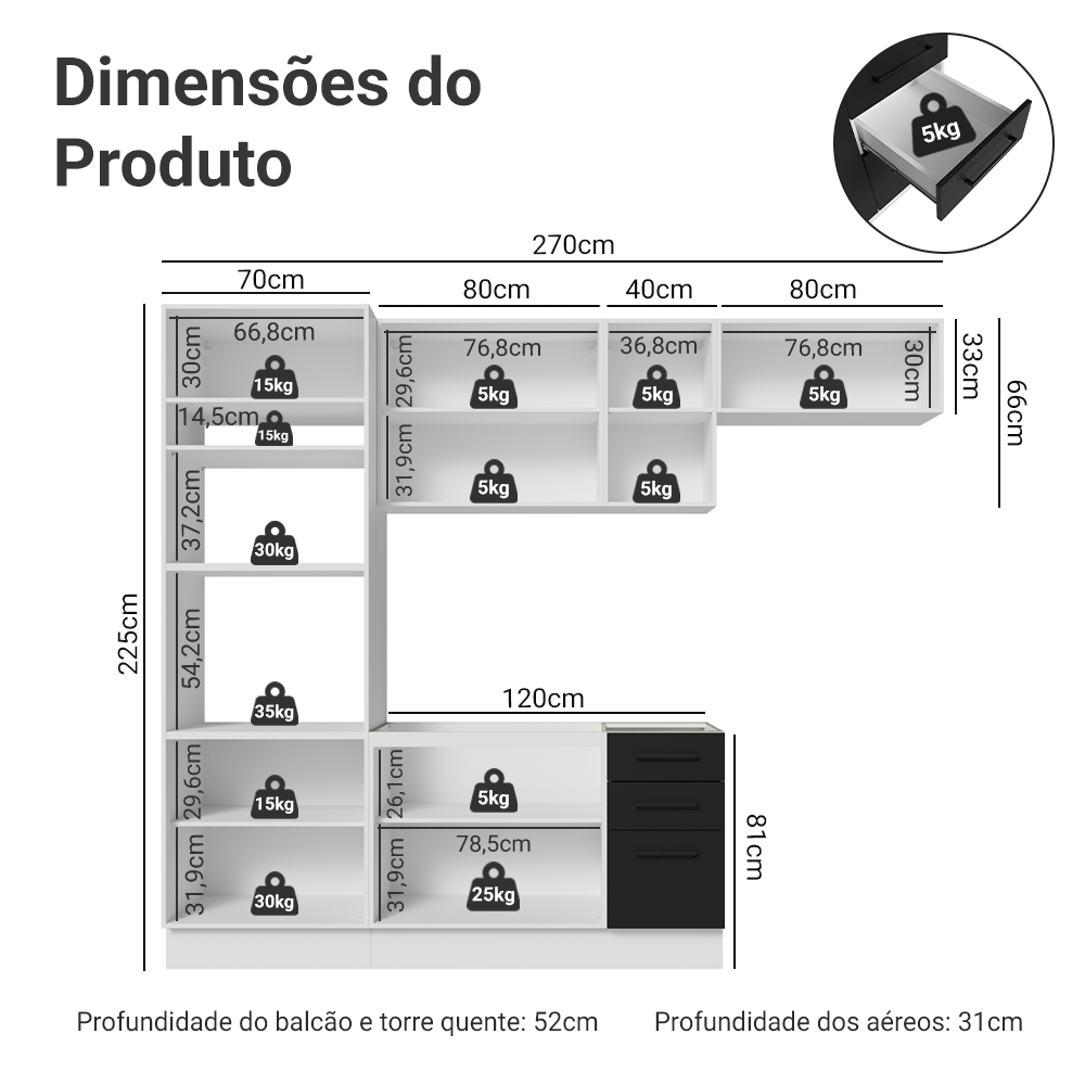 Armário de Cozinha Completa 270 cm Branco/Preto Agata Madesa 12