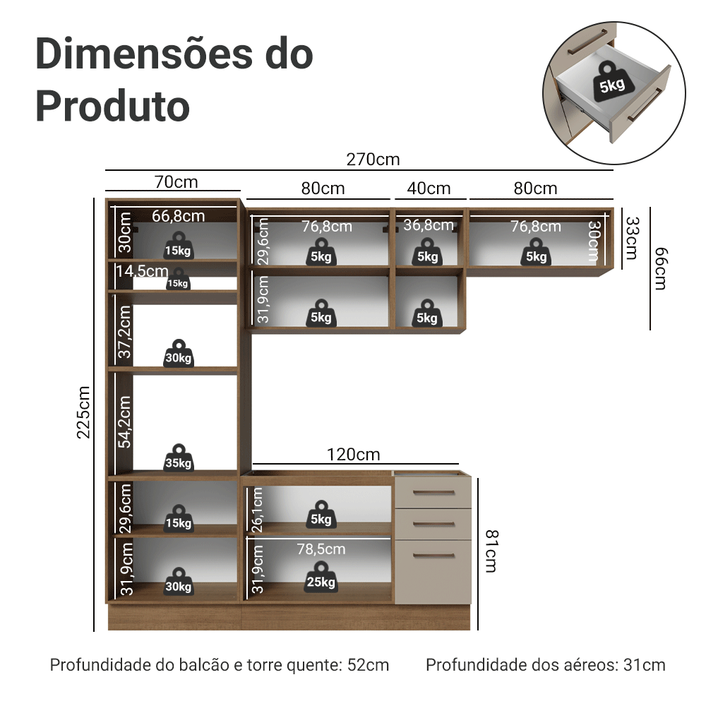 Armário de Cozinha Completa 270 cm Rustic/Crema Agata Madesa 12