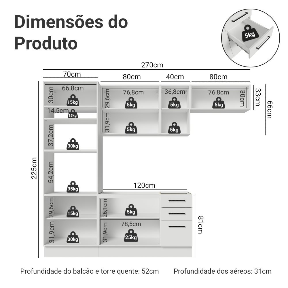 Armário de Cozinha Completa 270 cm Branco Agata Madesa 12
