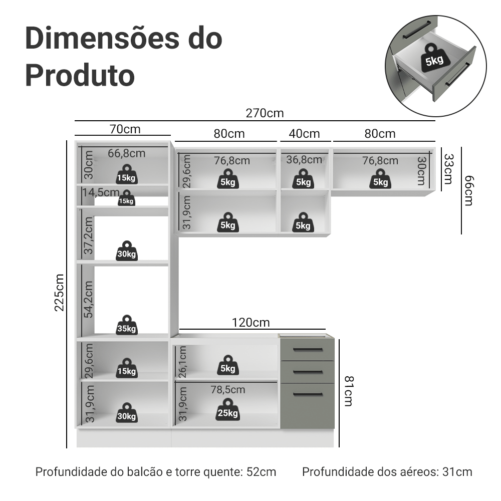 Armário de Cozinha Completa 270 cm Branco/Cinza Agata Madesa 12