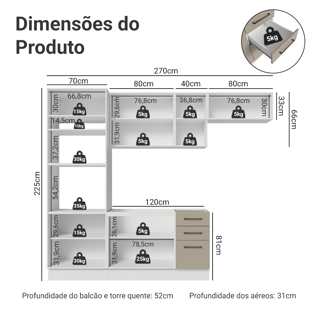 Armário de Cozinha Completa 270 cm Branco/Crema Agata Madesa 12