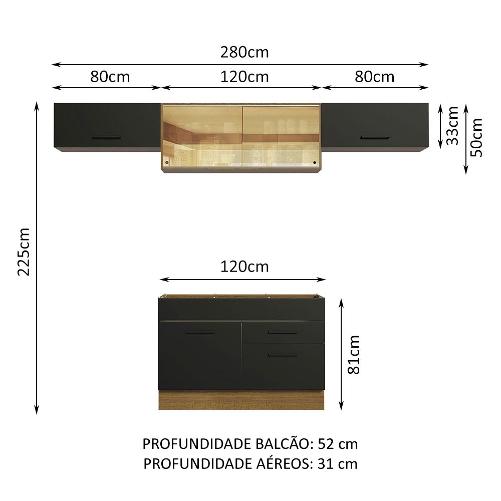 Armário de Cozinha Compacta 280cm Rustic/Preto Agata Madesa 01