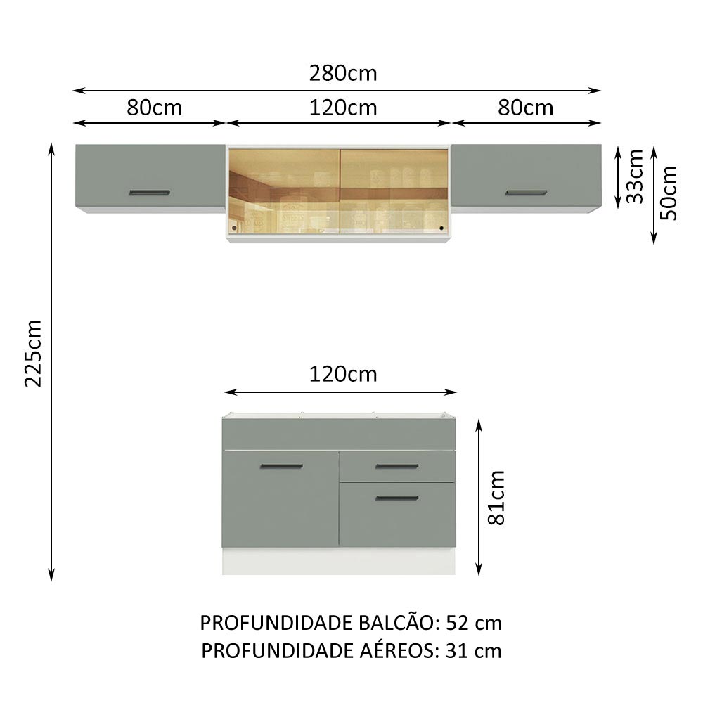 Armário de Cozinha Compacta 280cm Branco/Cinza Agata Madesa 01