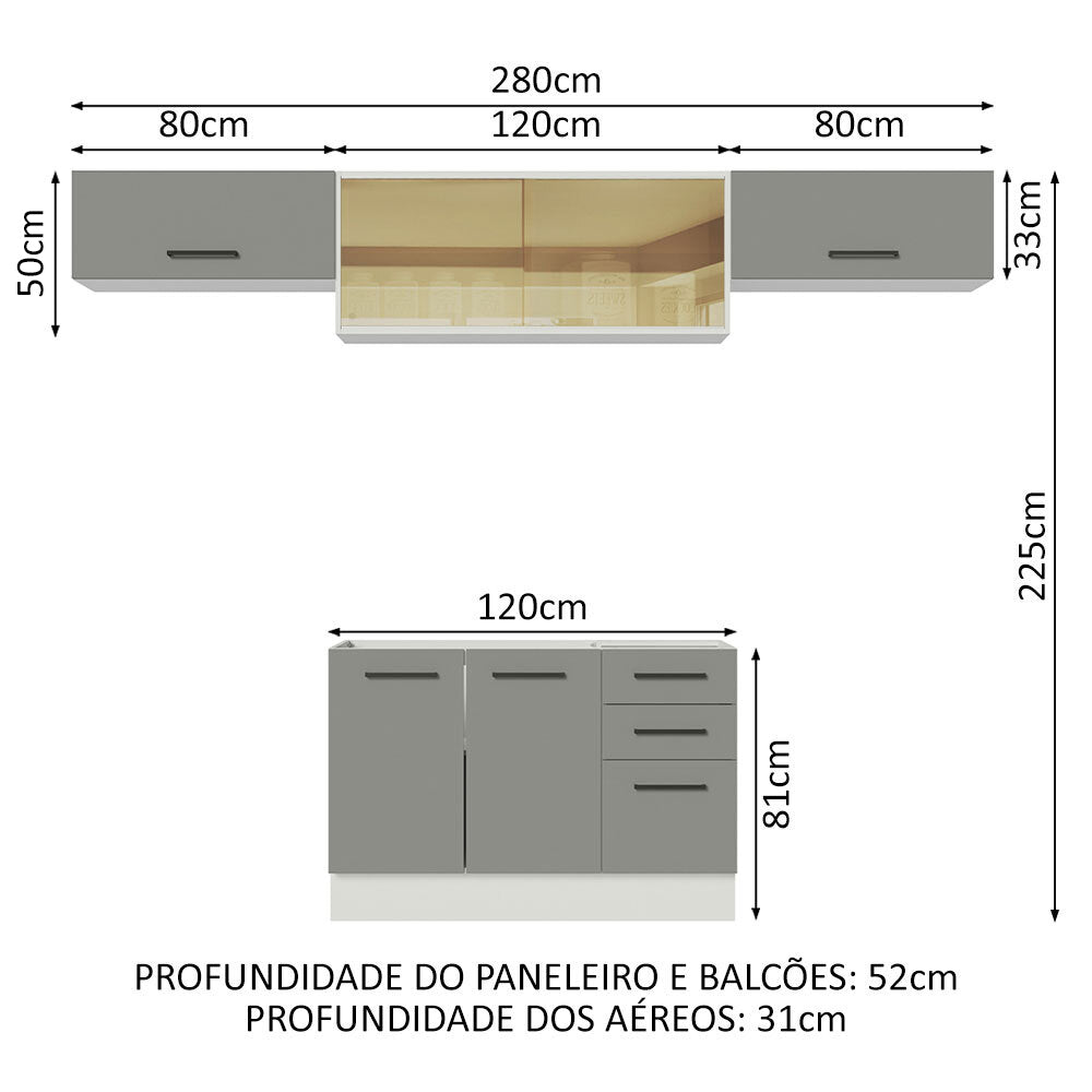 Armário de Cozinha Compacta 280cm Branco/Cinza Agata Madesa 03